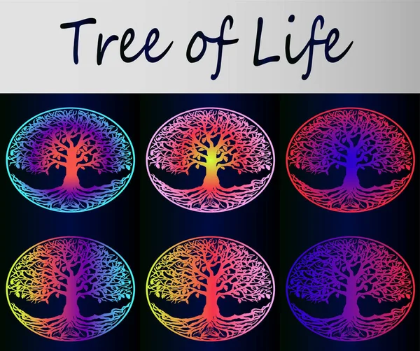 一套明亮的霓虹彩虹树的生活梯度背景 时尚护身符矢量 — 图库矢量图片