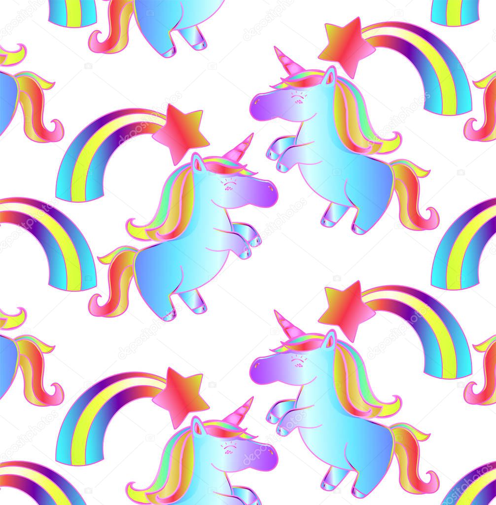 Neon ponies and a rainbow on an isolated background. Fairy tale pattern - an idea for a child's invitation card. Beautiful neon unicorn with a cartoon rainbow