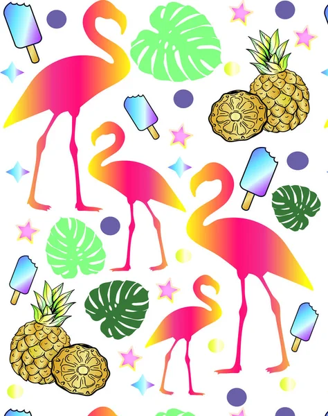 Tropical seamless pattern with flamingos, tropic leaves, pineapples and with neon ice cream. Creative idea for children's invitation