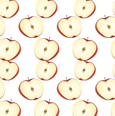 İzole beyaz zemin üzerine Dikişsiz meyveli desen. Yarısı sulu olgun elma, yakın çekim, vektör
