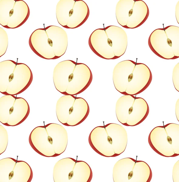 İzole beyaz zemin üzerine Dikişsiz meyveli desen. Yarısı sulu olgun elma, yakın çekim, vektör