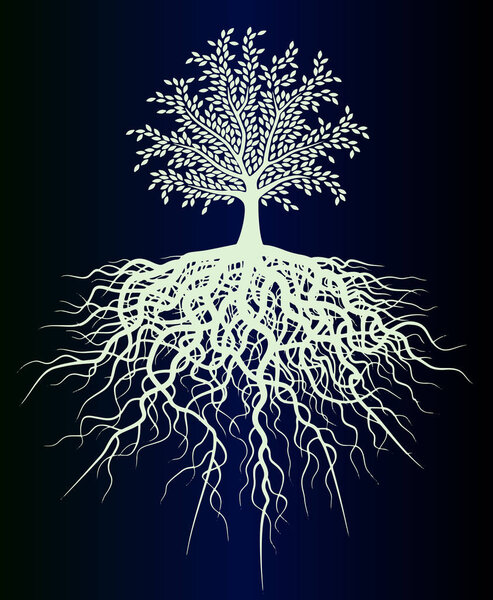 Sketch of tattoo - neon tree of life close-up vector on gradient blue background. Beautiful tattoo design