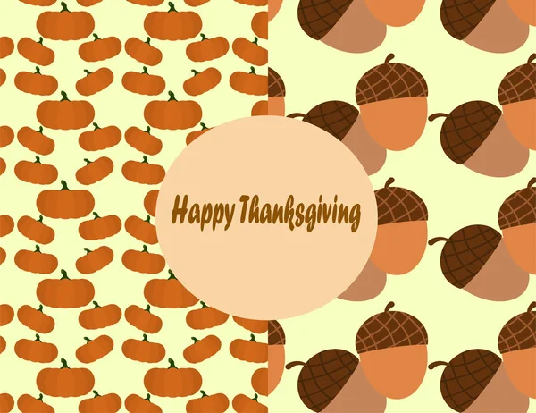 Flat vector patterns - the idea for greeting cards with Thanksgiving. Pumpkin flat pattern and acorn seamless pattern