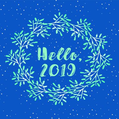 Noel tebrik kartı, 2019 yıl. Güzel Noel çelenk bir karlı arka plan desenini - yeşil dallar, gece magic