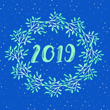 Güzel Noel kartı - Noel çelenk karlı arka plan deseni üzerinde. 2019 yeni yıl