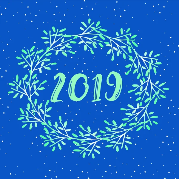Güzel Noel kartı - Noel çelenk karlı arka plan deseni üzerinde. 2019 yeni yıl