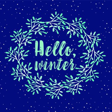 Kış tebrik kartı vektör - yeşil çelenk ve karlı arka plan deseni üzerinde yazıt. Kış tatili