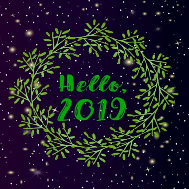Güzel Noel kartı - Merhaba, 2019 yıl. Noel çelenk kar degrade arka plan üzerinde. Bir büyülü kış gecesi