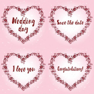 Düğün günü için Romantik kart dizisini. Güzel kalpli çerçeve çiçek ve romantik yazıtlar