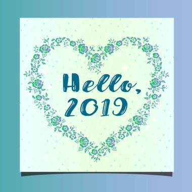 Merhaba 2019 - mavi bir arka plan üzerinde bir kalp şeklinde düz bir çerçeve. Fikir bir yılbaşı tebrik kartı