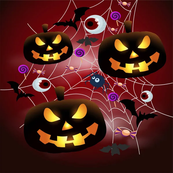 Vektor Flaches Halloween Poster Leuchtende Kürbisbuchse Netz Mit Fledermäusen Bonbons — Stockvektor