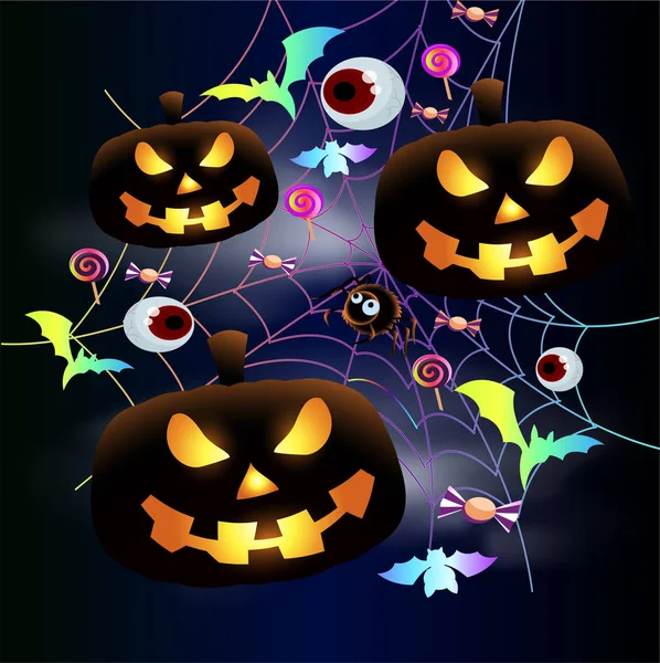 Neon Plakat Skræmmende Happy Halloween Glødende Græskar Jack Neonflagermus Nettet – Stock-vektor