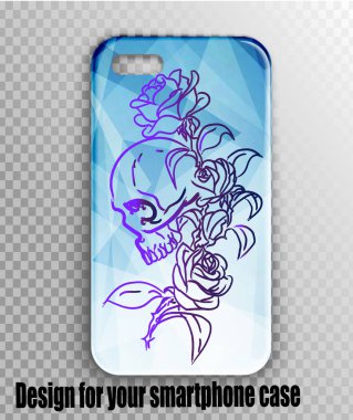 Vektör aksesuar mockup mobil - smartphone durumda. Şık geometrik Çokgen deseni ve serin haberi - kafatası ve rose. Eski stil