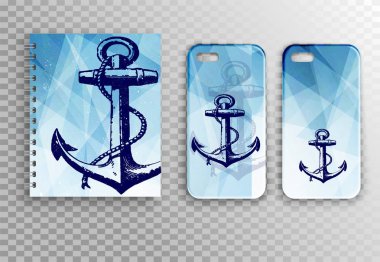 Vektör düzen - Not defteri, Smartphone durumda ve kartvizit - deniz stili. Güzel vektör tasarımı mavi geometri desen çapa ile. İş günlük, bahar üstünde not etmek yerleşimini