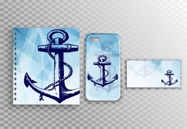 Vektör düzen - Not defteri, Smartphone durumda ve kartvizit - deniz stili. Mavi geometri desen çapa ile güzel vektör tasarımı.