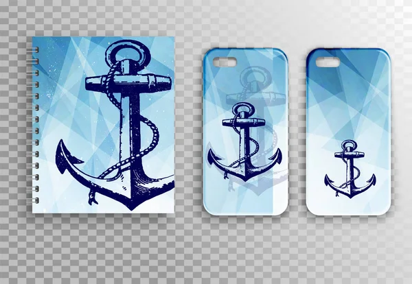 Vektör düzen - Not defteri, Smartphone durumda ve kartvizit - deniz stili. Güzel vektör tasarımı mavi geometri desen çapa ile. İş günlük, bahar üstünde not etmek yerleşimini