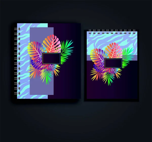 Dos Cuadernos Elegantes Resorte Con Patrón Impresión Tropical Hojas Exóticas — Vector de stock