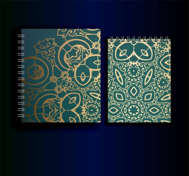 Şık oryantal vektör baskı-turkuaz degrade arka planda altın desen desen Mandala-öğrenciler için iki güzel notebooklar
