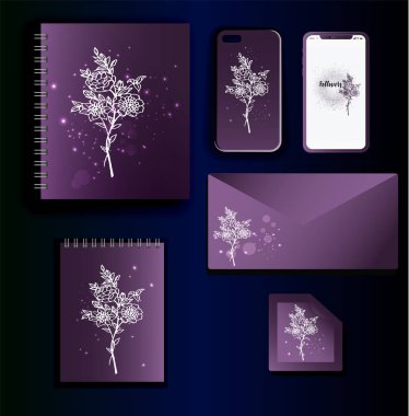 Kurumsal kimlik stil düzeni-güzel şık Kırtasiye ve akıllı telefonlar için tasarım-mor degrade ve çiçekler güzel bir buket baskı. Bir yay üzerinde notebooklar, notlar için levhalar ve bir posta zarf