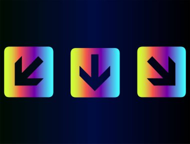 Vektör düz simgeler koleksiyonu-neon gökkuşağı işaretçiler, Web sitesi veya gezinme sosyal instagram sayfasında Mavi degrade arka planda izole için oklar. Okları aşağı ve okları sağ ve sol