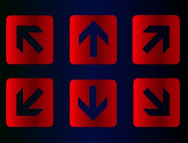 Düz vektör tasarım oklar izole çekim rehberlik. Web sitesi için oklar düğmesi. Simge, ok simgesi. Mavi degrade arka planda kırmızı simge.