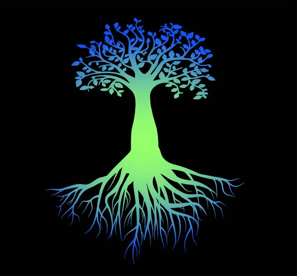 Terang Pohon Neon Kehidupan Dengan Akar Tebal Close - Stok Vektor