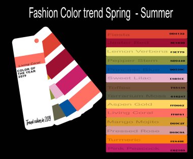 2019 ilkbahar ının en moda renklerinin paleti. Trend renkler ilkbahar yaz 2019. Tasarımcı için vektör paleti - kumaş swatch
