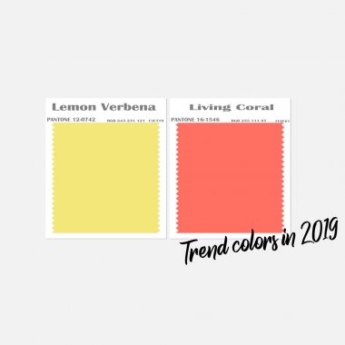 İlkbahar Yaz 2019 Renk trendleri. Tasarımcı için renk swatch - düz vektör tasarımı. Renk paleti - Trend Renk Kodu Limon Verbena ve yaşayan mercan