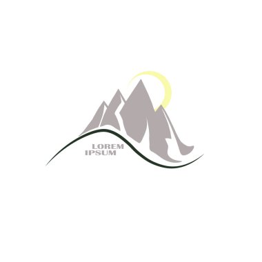 Marka şirket dağlar ile düz bir vektör logotürüdür. Mağaza için şık logo. Dağlar ve güneş yakın
