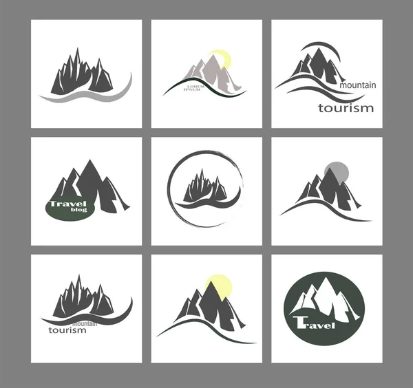 ベクトルセット 山とアイコンやロゴのコレクション マウンテンスポーツ美しい山の風景 フラットデザイン — ストックベクタ