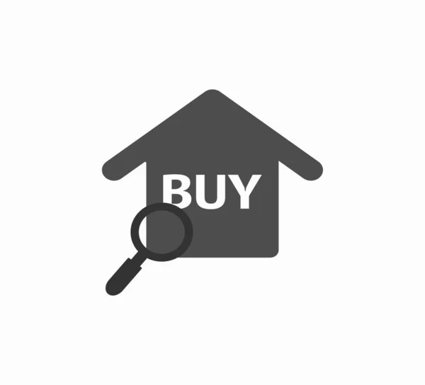 Vektor Flache Symbol Hauskauf Graues Haus Lupe Und Beschriftung Kaufen — Stockvektor