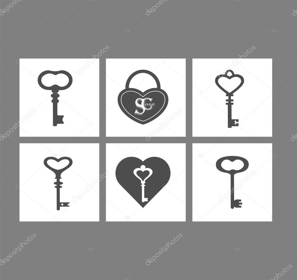 Vector set flat design icons of vintage keys and door locks, keyholes