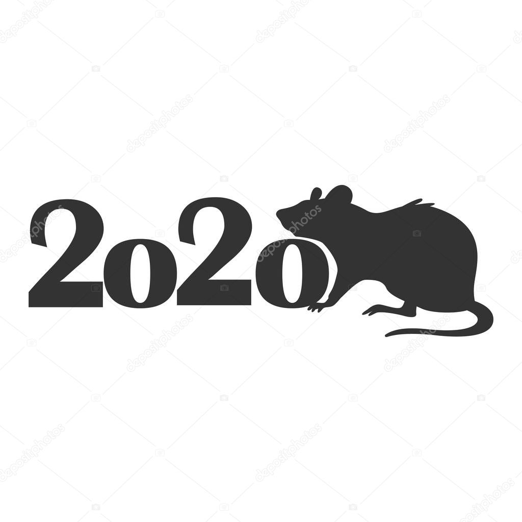 Silhouette rat and 2020. Symbol of the year according to the eastern calendar. Happy New Year, 2020