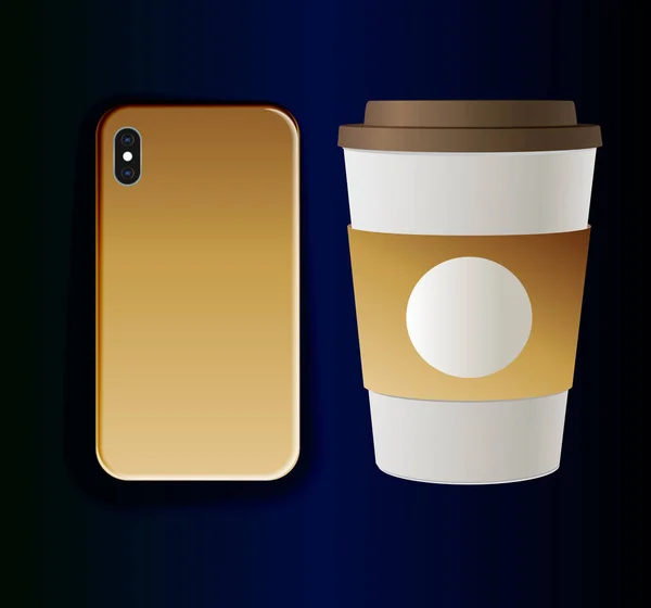 Корпус смартфона с коричневым градиентом и картонная чашка кофе — стоковый вектор