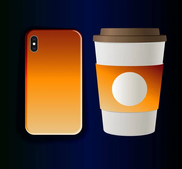 Kahverengi-turuncu gradyan akıllı telefon kılıfı ve karton kahve fincanı — Stok Vektör