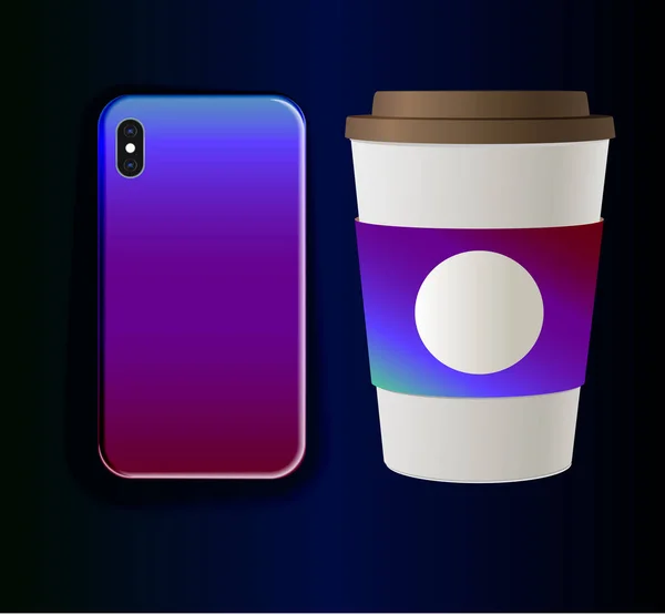 Neon Gradient Smartphone-Hülle und Kaffeetasse aus Pappe — Stockvektor