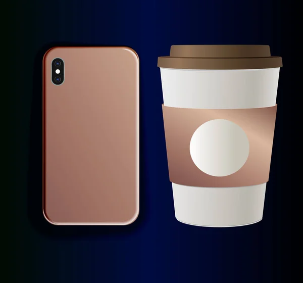 Чехол для смартфона из розового золота и картонная чашка для кофе — стоковый вектор