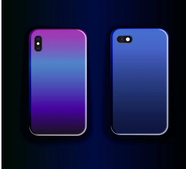 Zwei stylische Smartphone-Hüllen mit trendigem Gradientenprint. Kollektion beliebter Print-Designs mit blauem und lila Farbverlauf. — Stockvektor