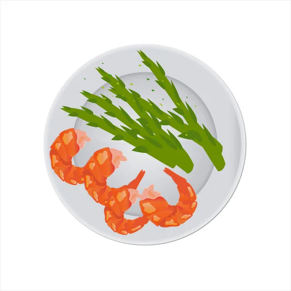 Plate Shrimps Delicious Dietary Asparagus Delicious Grilled Shrimp Seafood Nutrition — Stock Vector