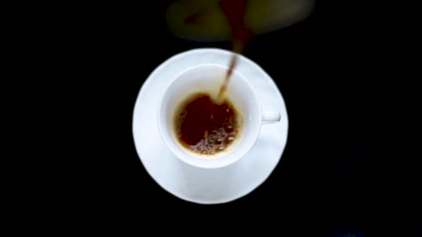 Pour Hot Coffee Turks White Cup Standing Dark Table Little — Stock Video