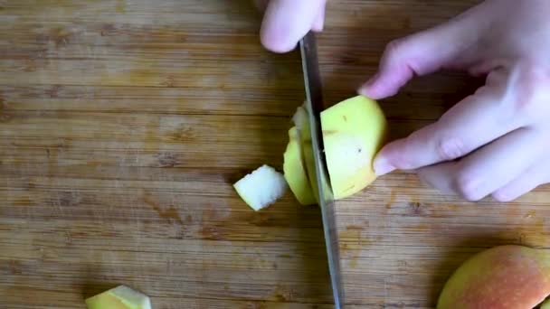 Die Gelben Und Grünen Äpfel Vorbereiten Und Scheiben Schneiden Daraus — Stockvideo