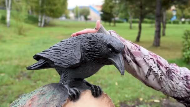儿童手抚摸雕塑铸铁图形雕塑乌鸦在街上的秋天天气 — 图库视频影像