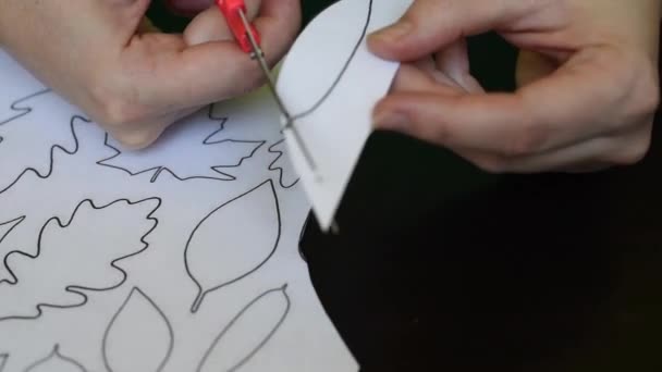 Ausschneiden Von Weißen Papierblättern Von Bäumen Mit Der Schere Auf — Stockvideo