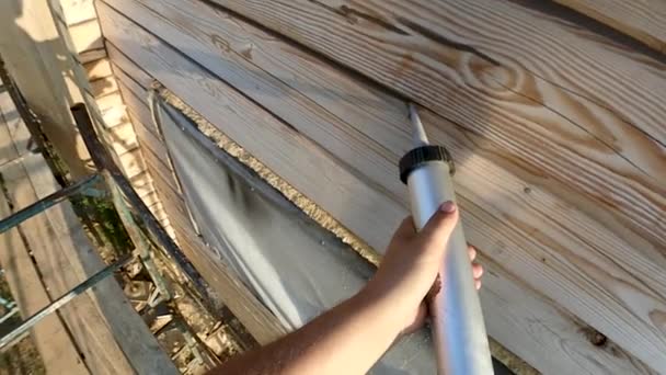 Sealing Joints Cracks Insulation Painting Wooden House Height Sprayer Paint — Stock Video
