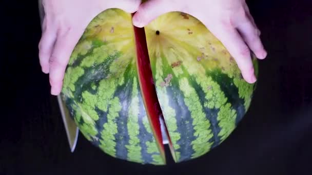 Couper Pastèque Mûre Rayé Vert Avec Chair Juteuse Rouge Intérieur — Video