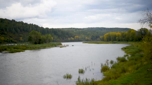 Herfst Landschap Met Een Rivier Bergen Bomen Welk Geel Rood — Stockvideo