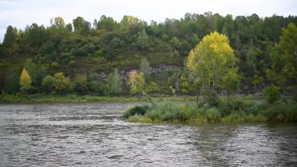 Paesaggio Autunnale Con Fiume Montagne Alberi Cui Giallo Rosso Verde — Video Stock