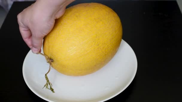 Melone Giallo Maturo Succoso Giace Piatto Bianco Tagliare Mangiare — Video Stock