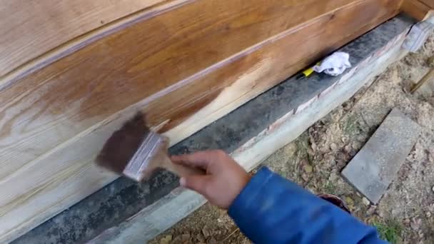 亜麻仁油コーティング 美しさ 家での生活の動作条件における美学を木造住宅の壁を塗る — ストック動画
