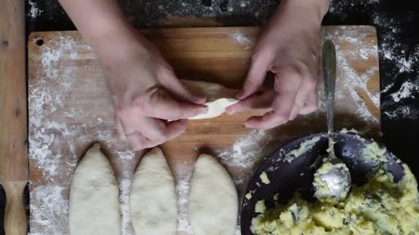 Yemyeşil Hamur Patates Soğan Dereotu Bir Ahşap Tahta Veya Karanlık — Stok video